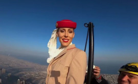 Momentul în care o stewardesă sa urcat pe cea mai înaltă clădire din lume în timp ce un avion a zburat pe lîngă ea